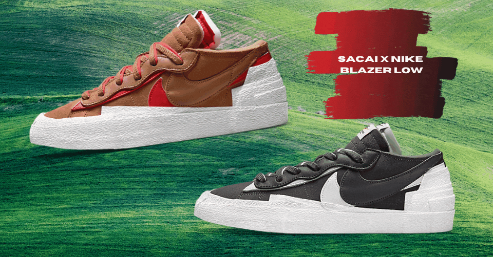 Bekijk hier de officiële beelden van de Sacai x Nike Blazer Low Iron Grey en British Tan