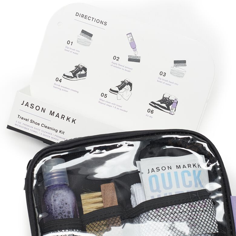 Sneaker cleaning kit 'Travel Kit' van Jason Markk met reinigingsoplossing, zachte schoenborstel, quick wipes en vezeldoek en een gebruiksaanwijzing