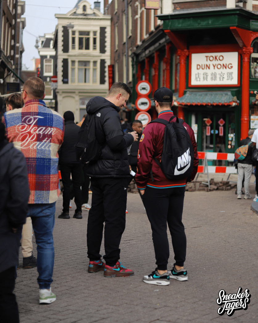 outside patta amsterdam for patta x nike air max 1 monarch the wave release - waiting