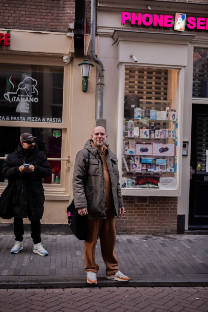 patta x nike air max 1 the wave rush maroon store release - customer wearing sneaker on feet